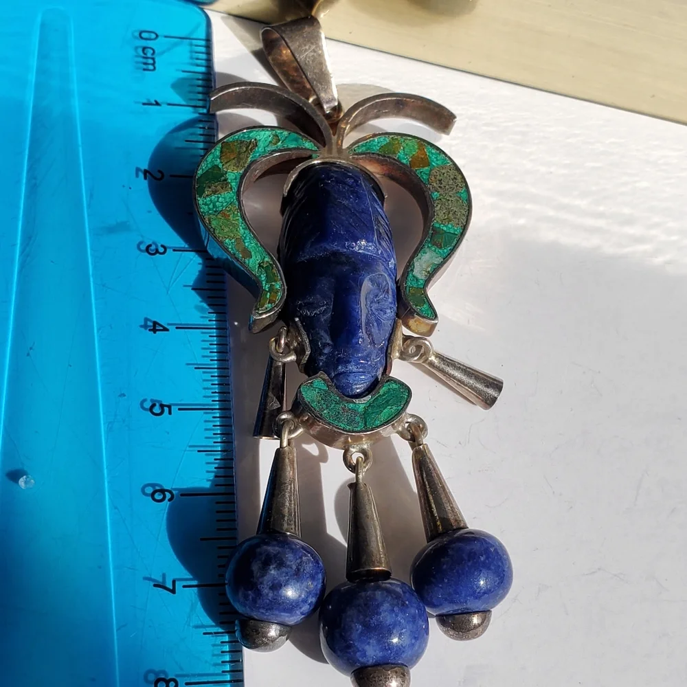 Watch Video / Sterling Silver 925 Native Face Pendant Turquoise / Lapis Lazuli